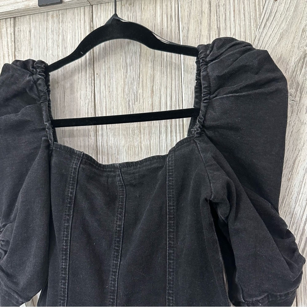 Denim Bershka Puff Sleeve Front Zip Stretch Dress - Picture 4 of 11